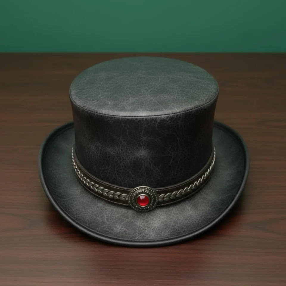 Light Neutral Handmade Leather Fashion Top Hat Style 165 gallery view 07 - light neutral steampunk top hat with structured crown