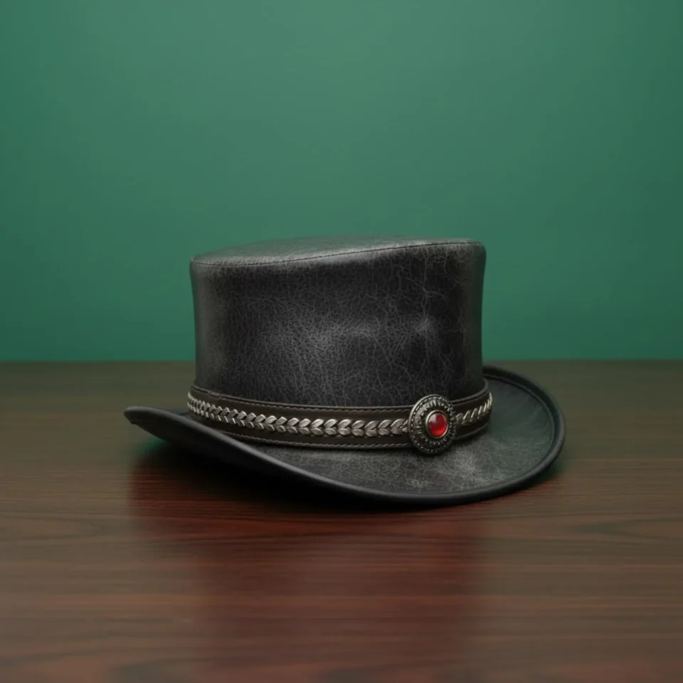 Light Neutral Handmade Leather Fashion Top Hat Style 165 side view - light neutral steampunk top hat with structured crown