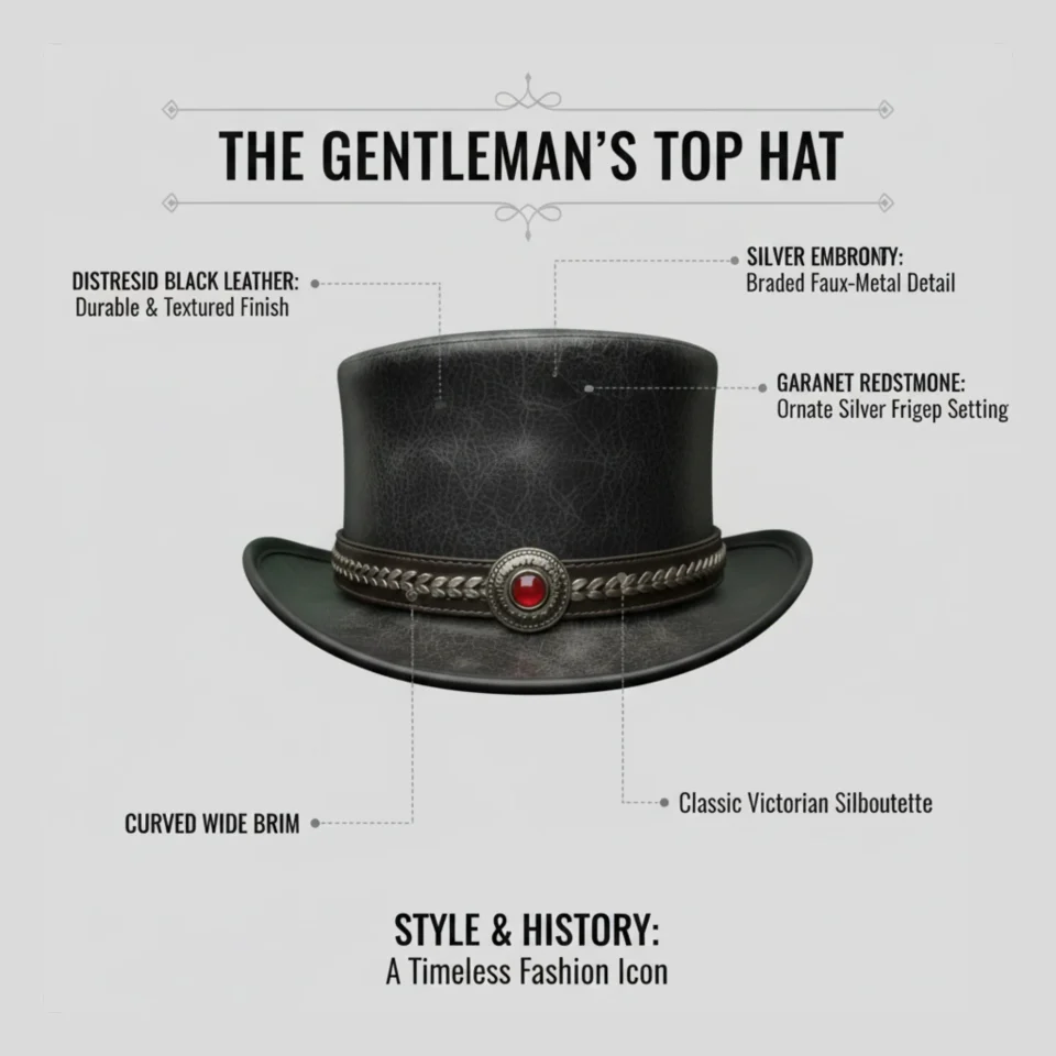Light Neutral Handmade Leather Fashion Top Hat Style 165 three quarter view - light neutral steampunk top hat with structured crown