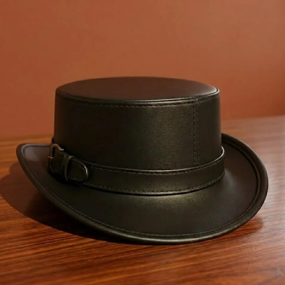 Light Neutral Handmade Leather Fashion Top Hat Style 168 back view - light neutral steampunk top hat with structured crown