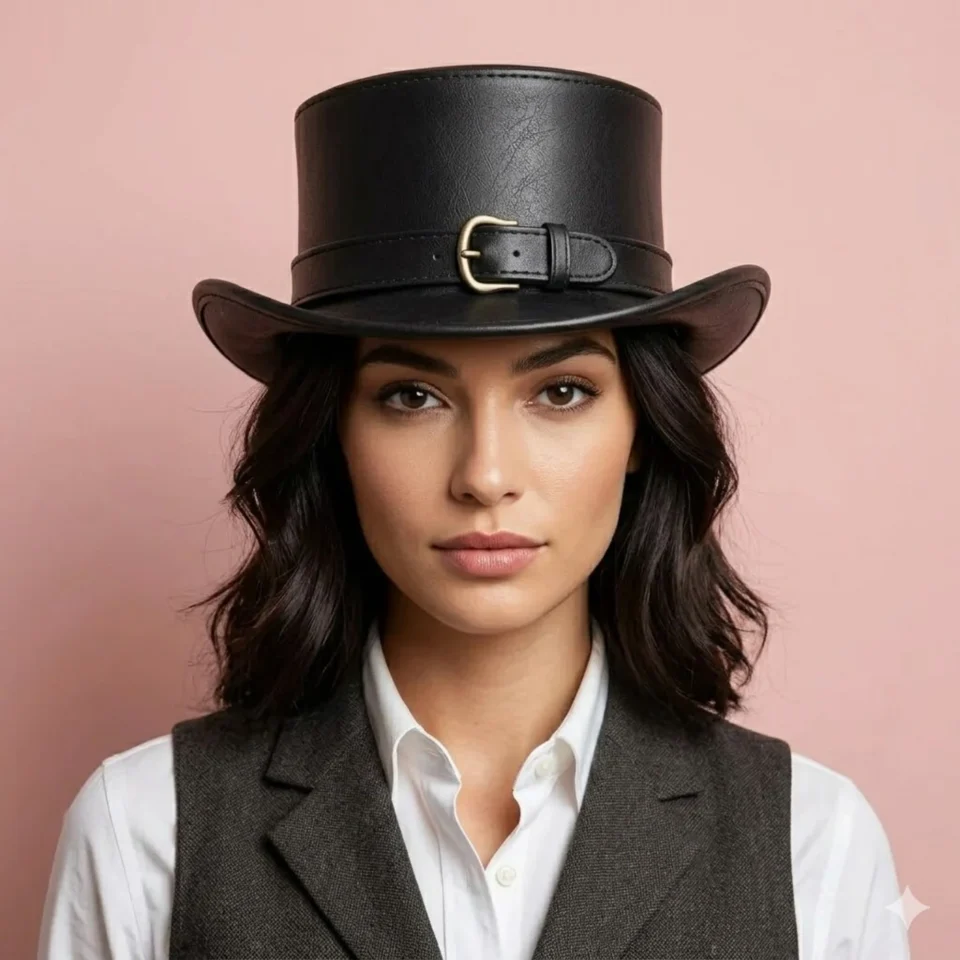 Light Neutral Handmade Leather Fashion Top Hat Style 168 front view - light neutral steampunk top hat with structured crown