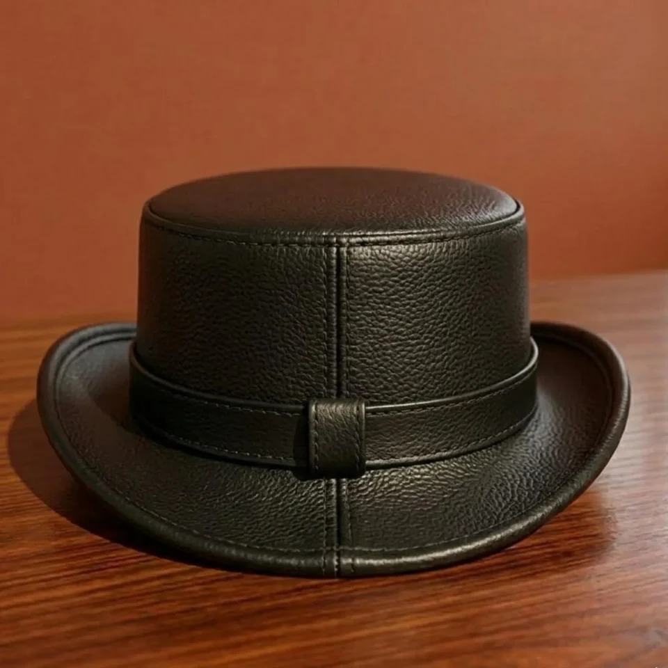 Light Neutral Handmade Leather Fashion Top Hat Style 168 gallery view 05 - light neutral steampunk top hat with structured crown