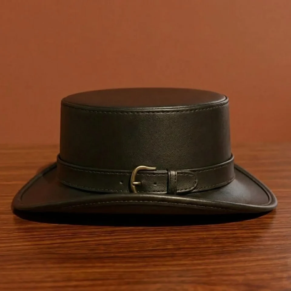 Light Neutral Handmade Leather Fashion Top Hat Style 168 side view - light neutral steampunk top hat with structured crown