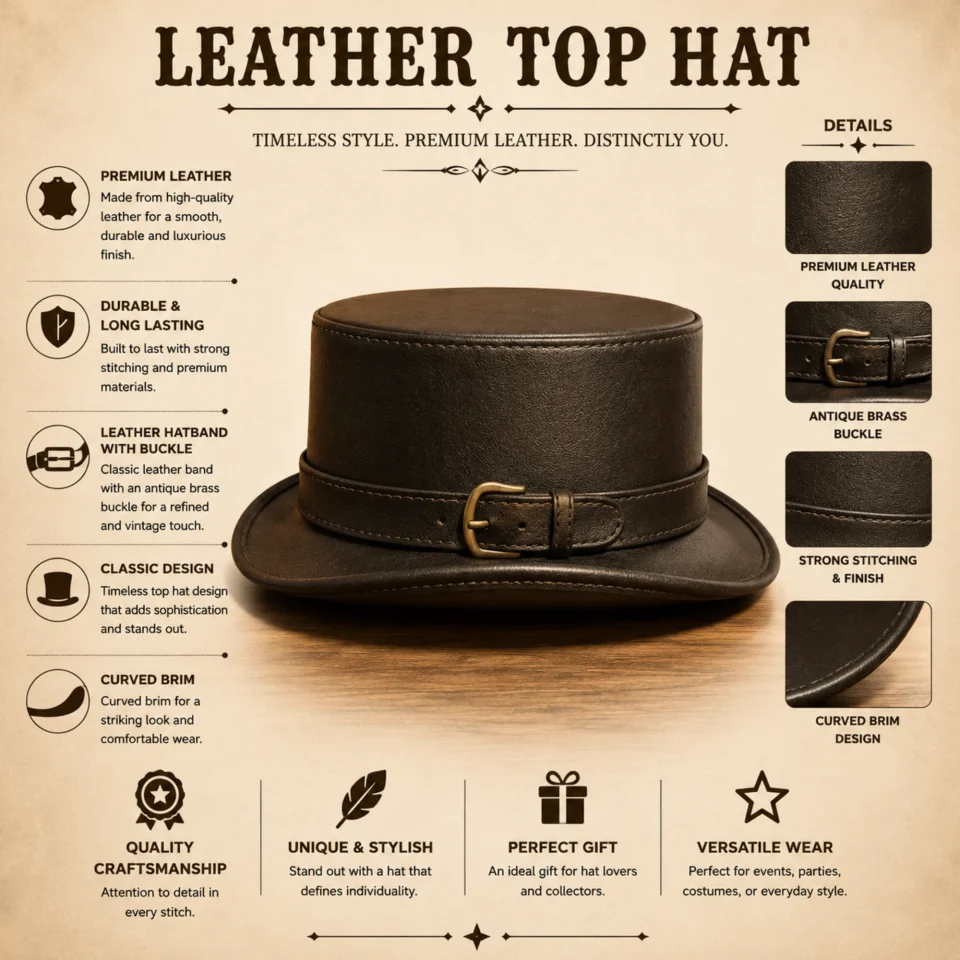 Light Neutral Handmade Leather Fashion Top Hat Style 168 three quarter view - light neutral steampunk top hat with structured crown
