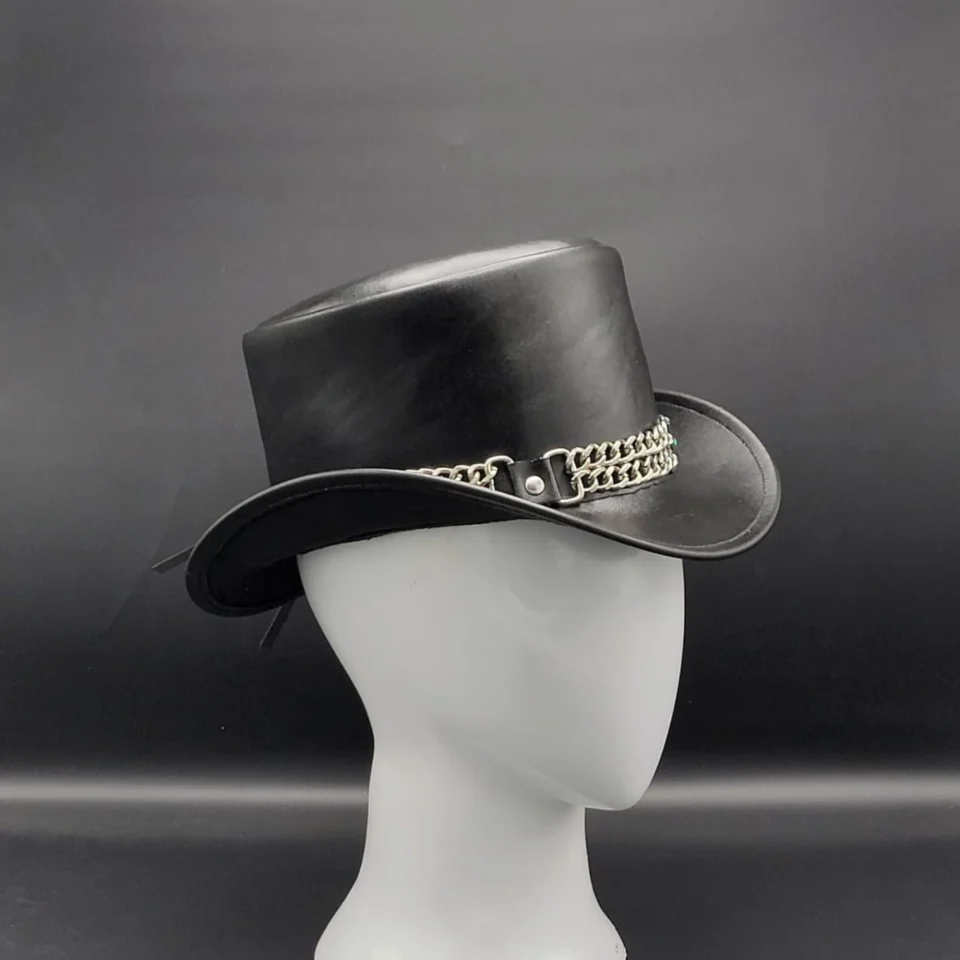Light Neutral Handmade Leather Fashion Top Hat Style 171 back view - light neutral steampunk top hat with structured crown
