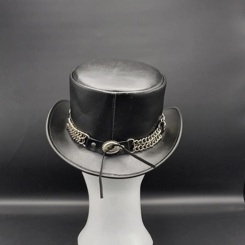 Light Neutral Handmade Leather Fashion Top Hat Style 171 detail view - light neutral steampunk top hat with structured crown