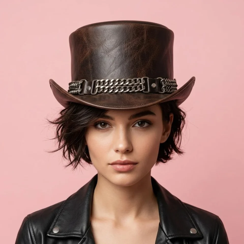 Light Neutral Handmade Leather Fashion Top Hat Style 171 front view - light neutral steampunk top hat with structured crown