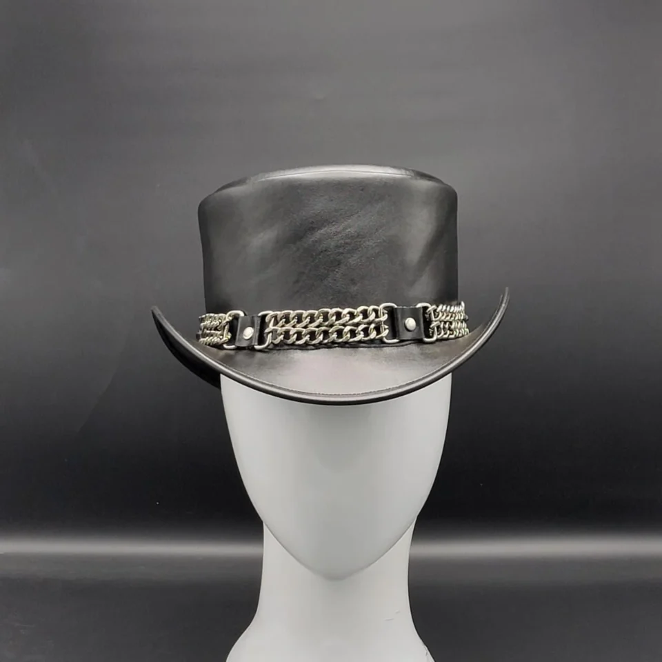 Light Neutral Handmade Leather Fashion Top Hat Style 171 side view - light neutral steampunk top hat with structured crown