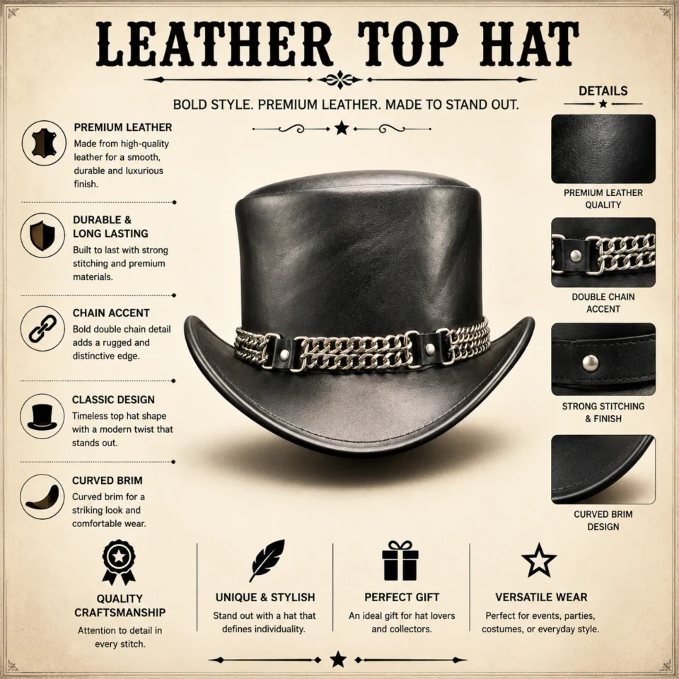 Light Neutral Handmade Leather Fashion Top Hat Style 171 three quarter view - light neutral steampunk top hat with structured crown