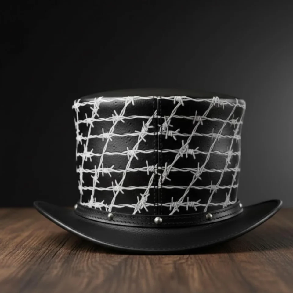 Light Neutral Handmade Leather Fashion Top Hat Style 192 back view - light neutral steampunk top hat with structured crown