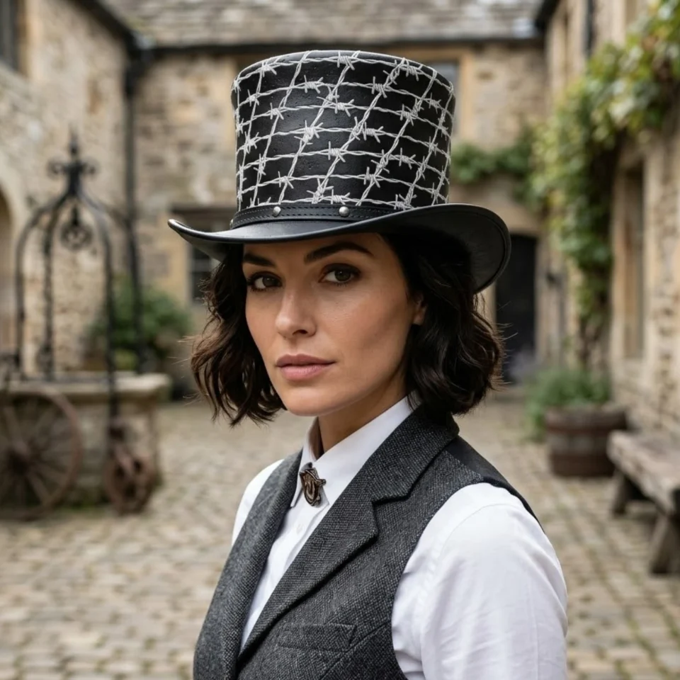 Light Neutral Handmade Leather Fashion Top Hat Style 192 front view - light neutral steampunk top hat with structured crown