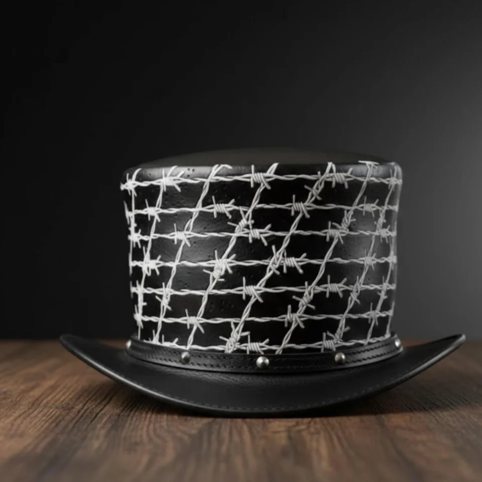 Light Neutral Handmade Leather Fashion Top Hat Style 192 side view - light neutral steampunk top hat with structured crown