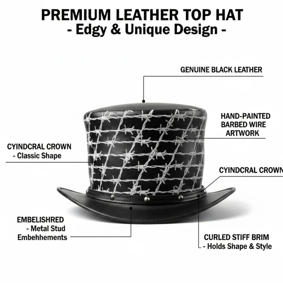 Light Neutral Handmade Leather Fashion Top Hat Style 192 three quarter view - light neutral steampunk top hat with structured crown