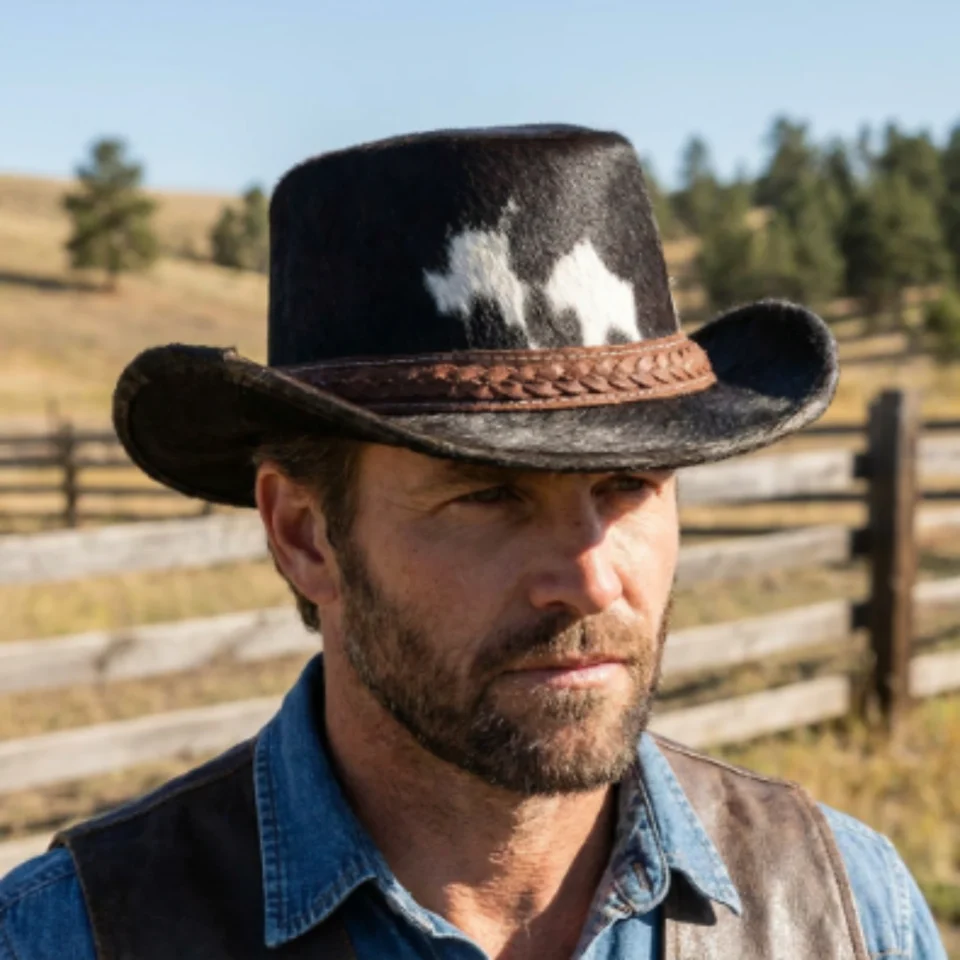 Black and White Cowhide Top Hat front view - black and white cowhide pattern western top hat / cowhide hat