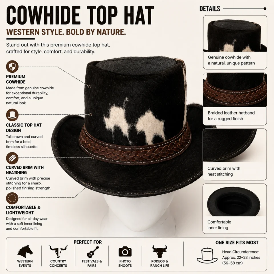 Black and White Cowhide Top Hat three-quarter view - black and white cowhide pattern western top hat / cowhide hat