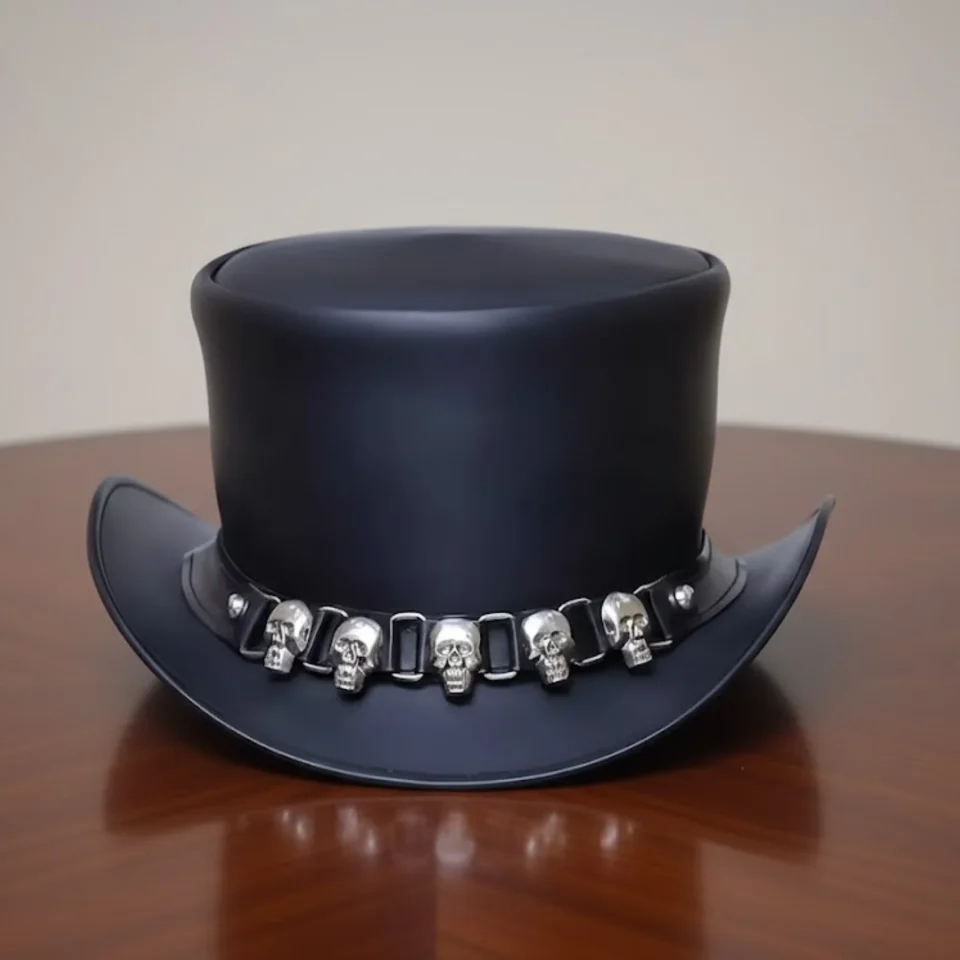 Light Neutral Handmade Leather Steampunk Top Hat Style 007 front view - light neutral steampunk top hat with structured crown