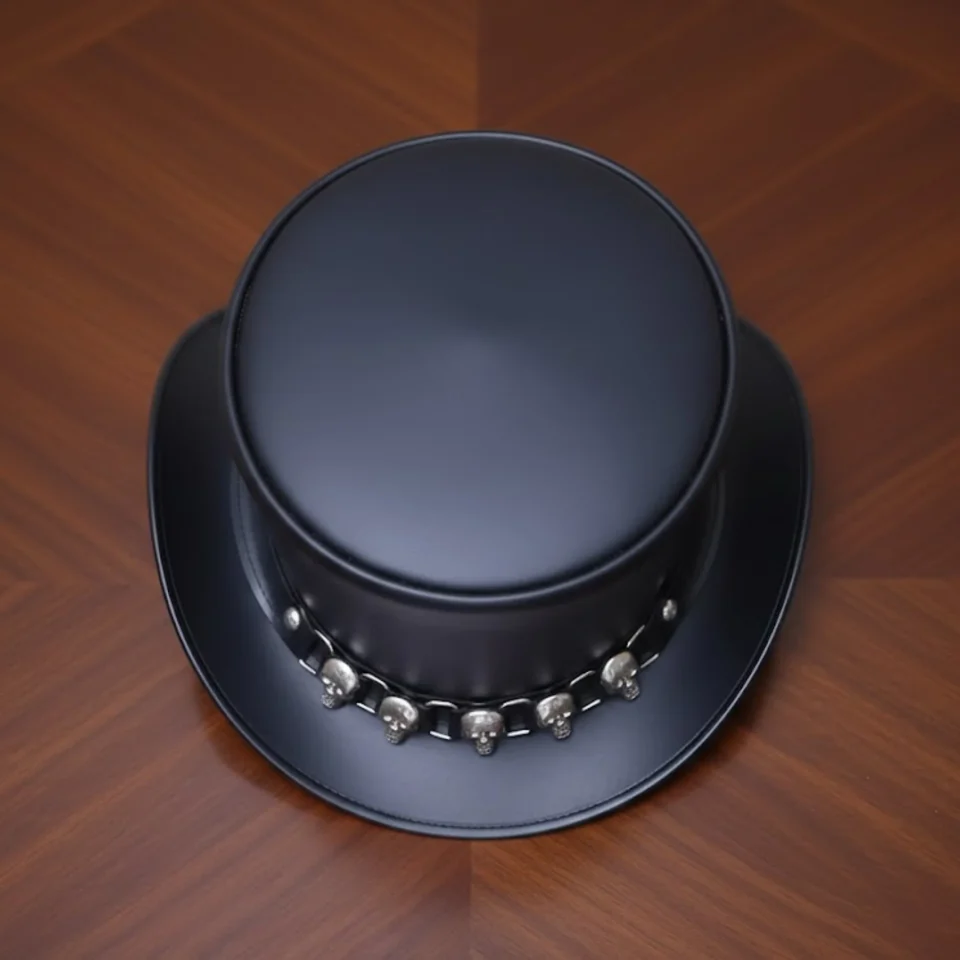 Light Neutral Handmade Leather Steampunk Top Hat Style 007 gallery view 05 - light neutral steampunk top hat with structured crown