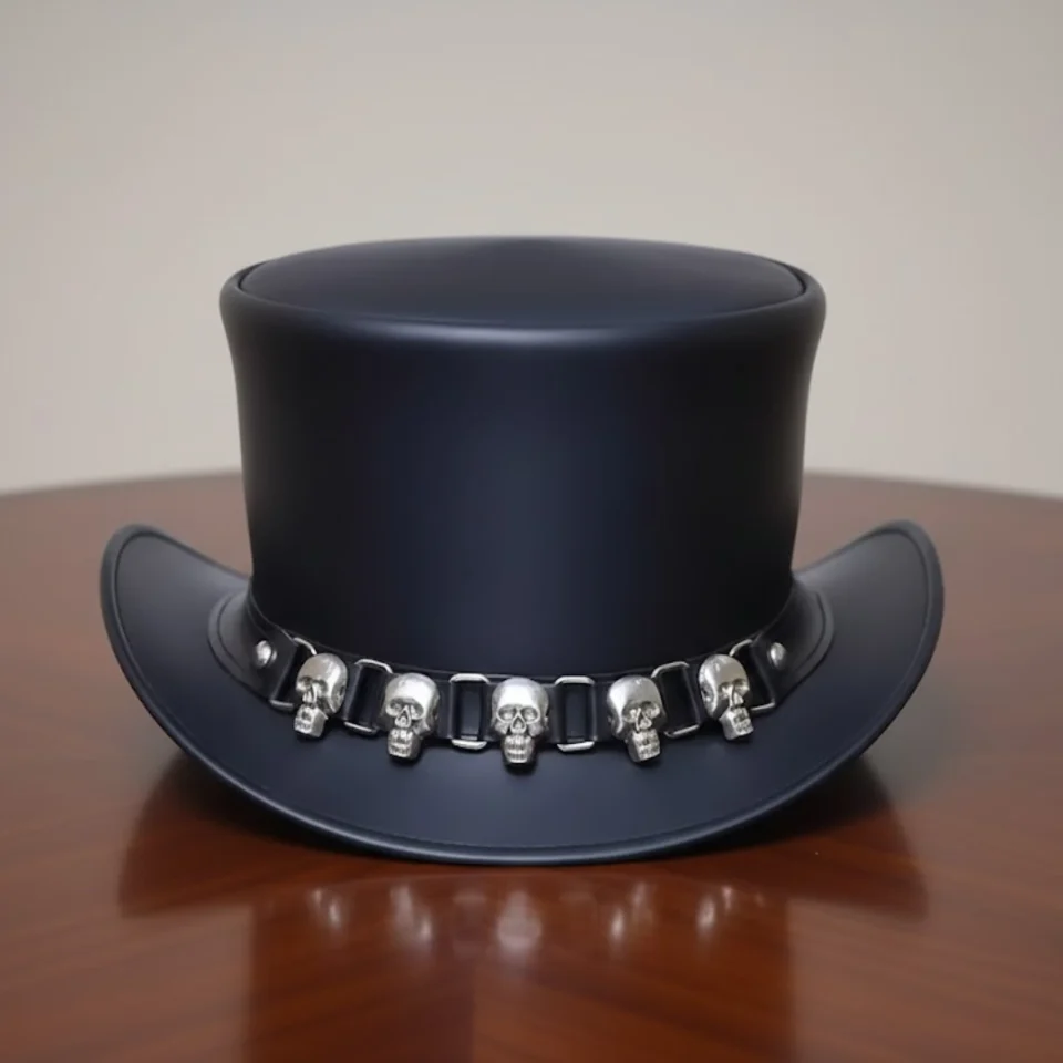 Light Neutral Handmade Leather Steampunk Top Hat Style 007 three quarter view - light neutral steampunk top hat with structured crown