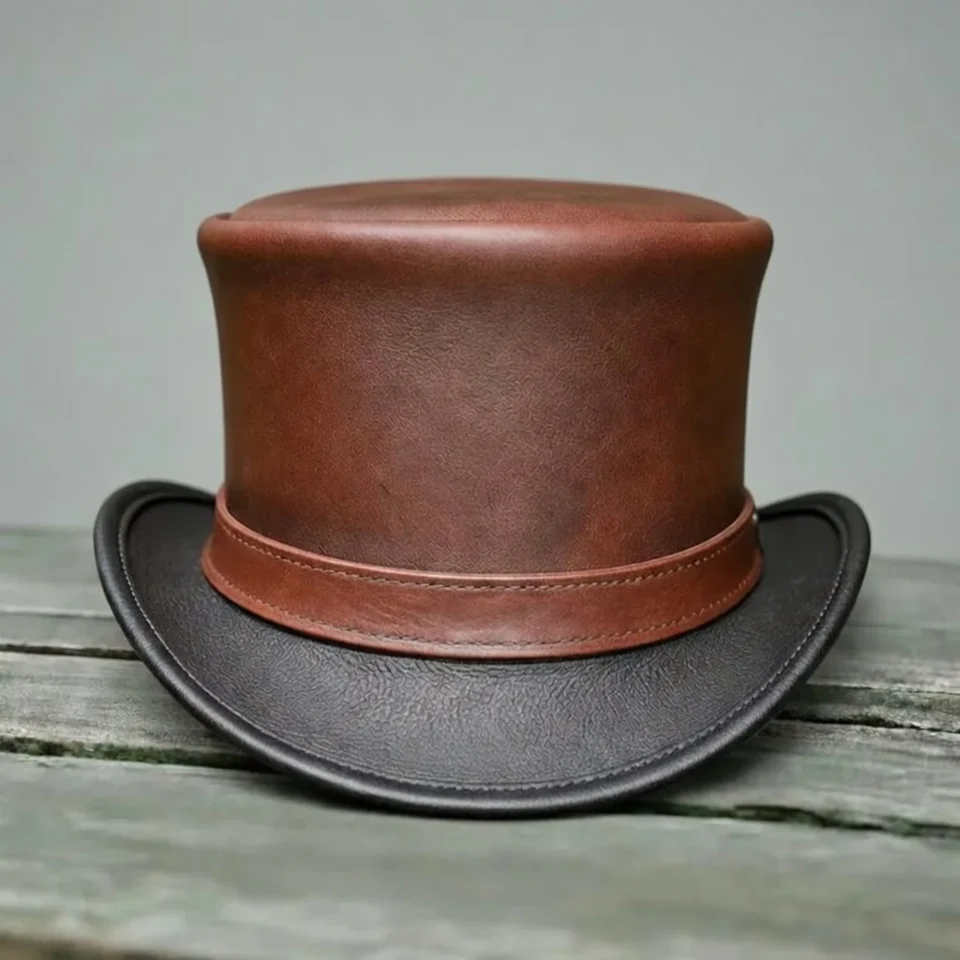 Light Neutral Handmade Leather Steampunk Top Hat Style 013 front view - light neutral steampunk top hat with structured crown