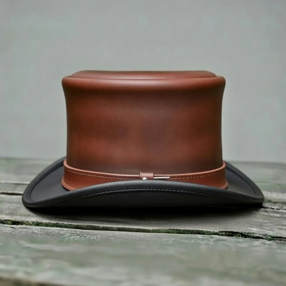 Light Neutral Handmade Leather Steampunk Top Hat Style 013 three quarter view - light neutral steampunk top hat with structured crown
