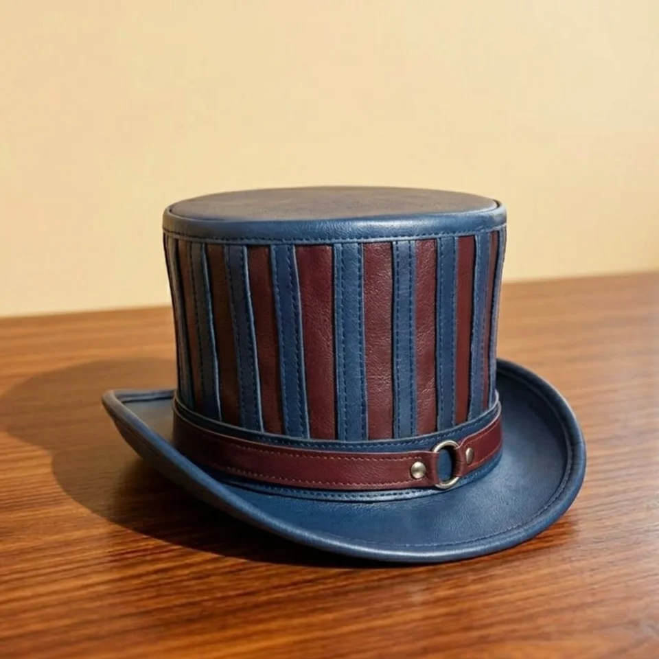 Light Neutral Handmade Leather Steampunk Top Hat Style 028 front view - light neutral steampunk top hat with structured crown