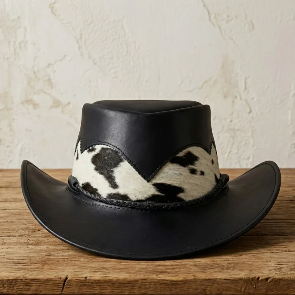 Light Neutral Handmade Leather Steampunk Top Hat Style 037 front view - light neutral steampunk top hat with structured crown