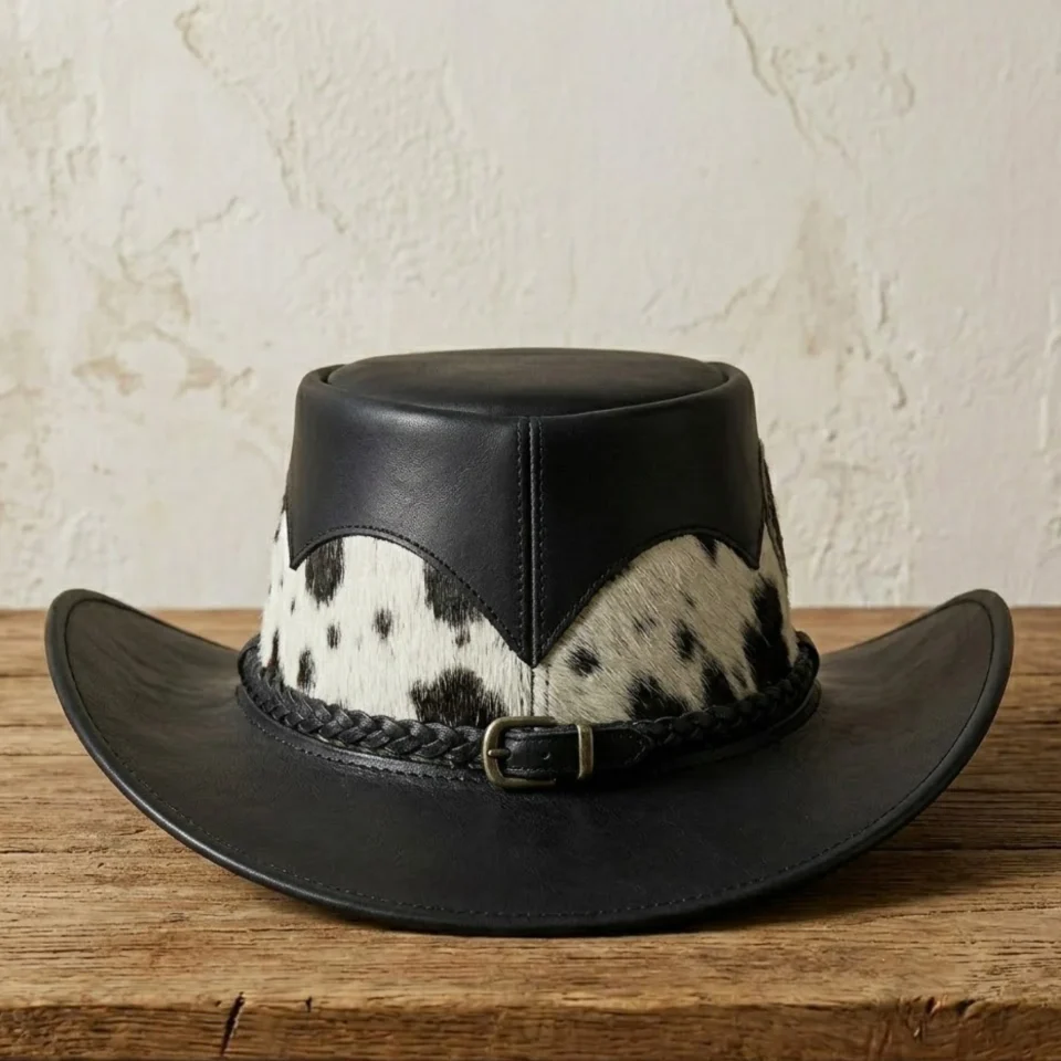 Light Neutral Handmade Leather Steampunk Top Hat Style 037 three quarter view - light neutral steampunk top hat with structured crown