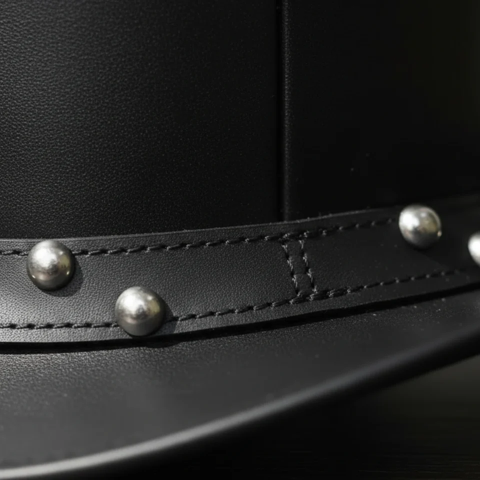 Light Neutral Handmade Leather Steampunk Top Hat Style 049 detail view - light neutral steampunk top hat with structured crown