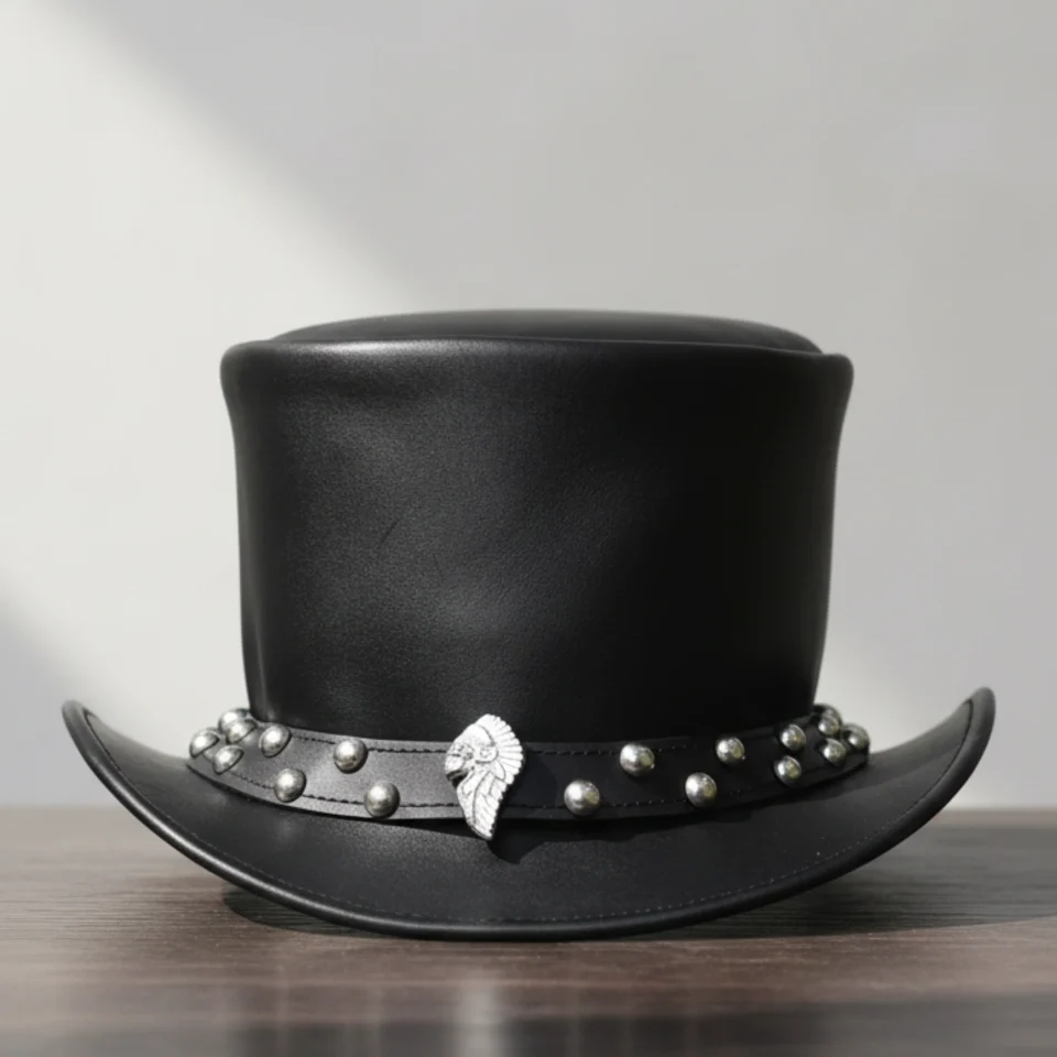 Light Neutral Handmade Leather Steampunk Top Hat Style 049 front view - light neutral steampunk top hat with structured crown