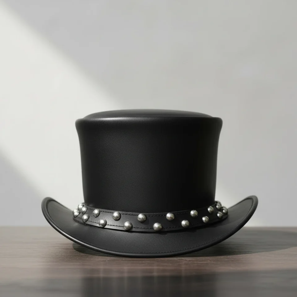 Light Neutral Handmade Leather Steampunk Top Hat Style 049 three quarter view - light neutral steampunk top hat with structured crown