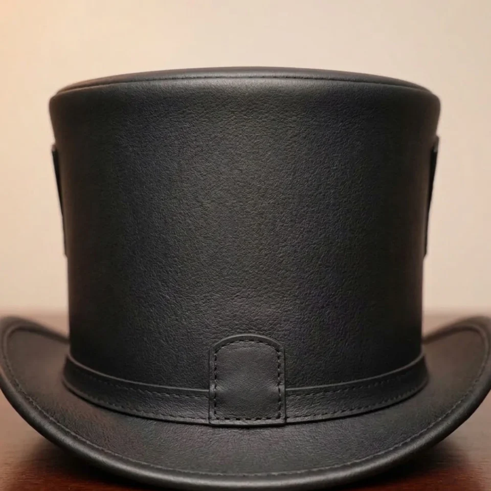 Light Neutral Handmade Leather Steampunk Top Hat Style 061 back view - light neutral steampunk top hat with structured crown