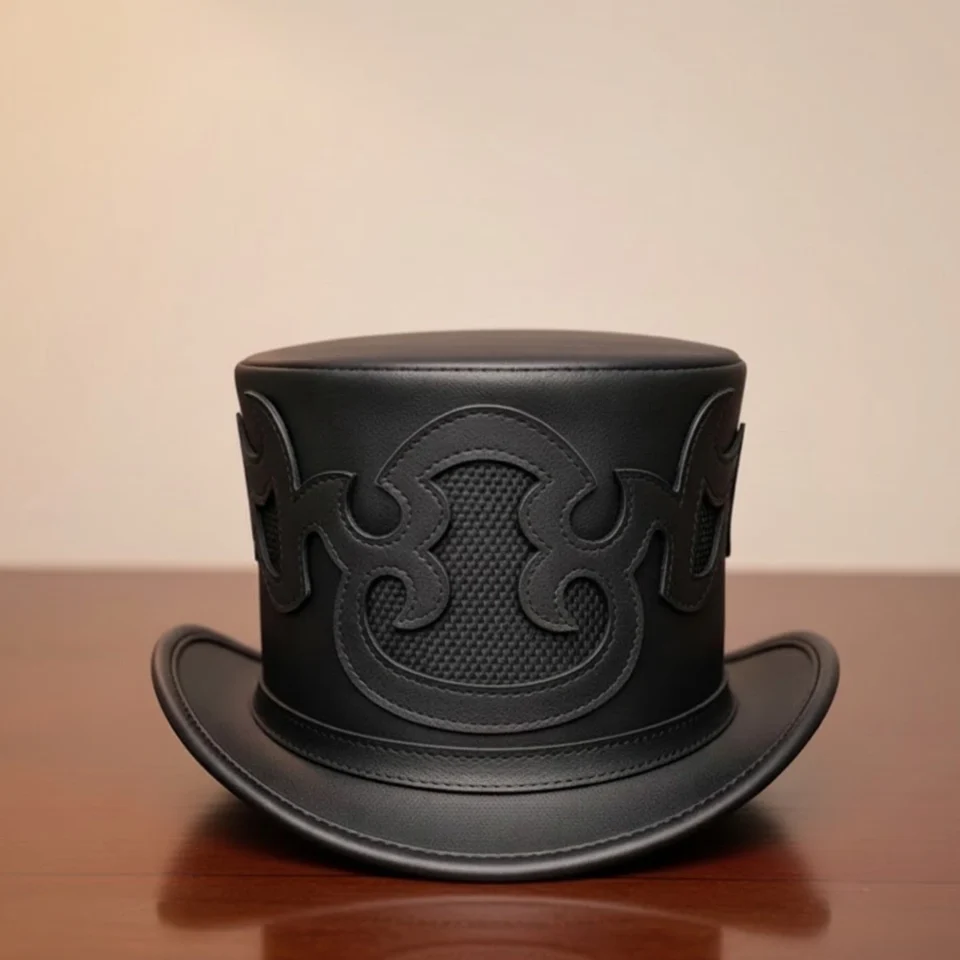 Light Neutral Handmade Leather Steampunk Top Hat Style 061 front view - light neutral steampunk top hat with structured crown
