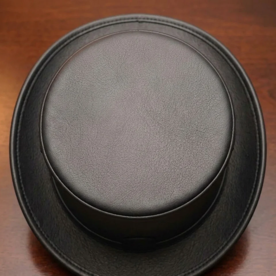 Light Neutral Handmade Leather Steampunk Top Hat Style 061 side view - light neutral steampunk top hat with structured crown