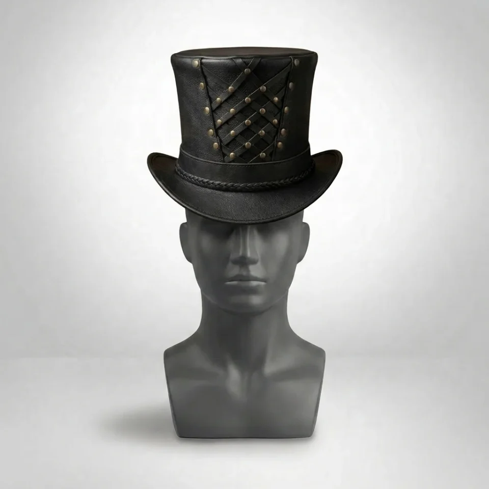 Light Neutral Handmade Leather Steampunk Top Hat Style 064 back view - light neutral steampunk top hat with structured crown