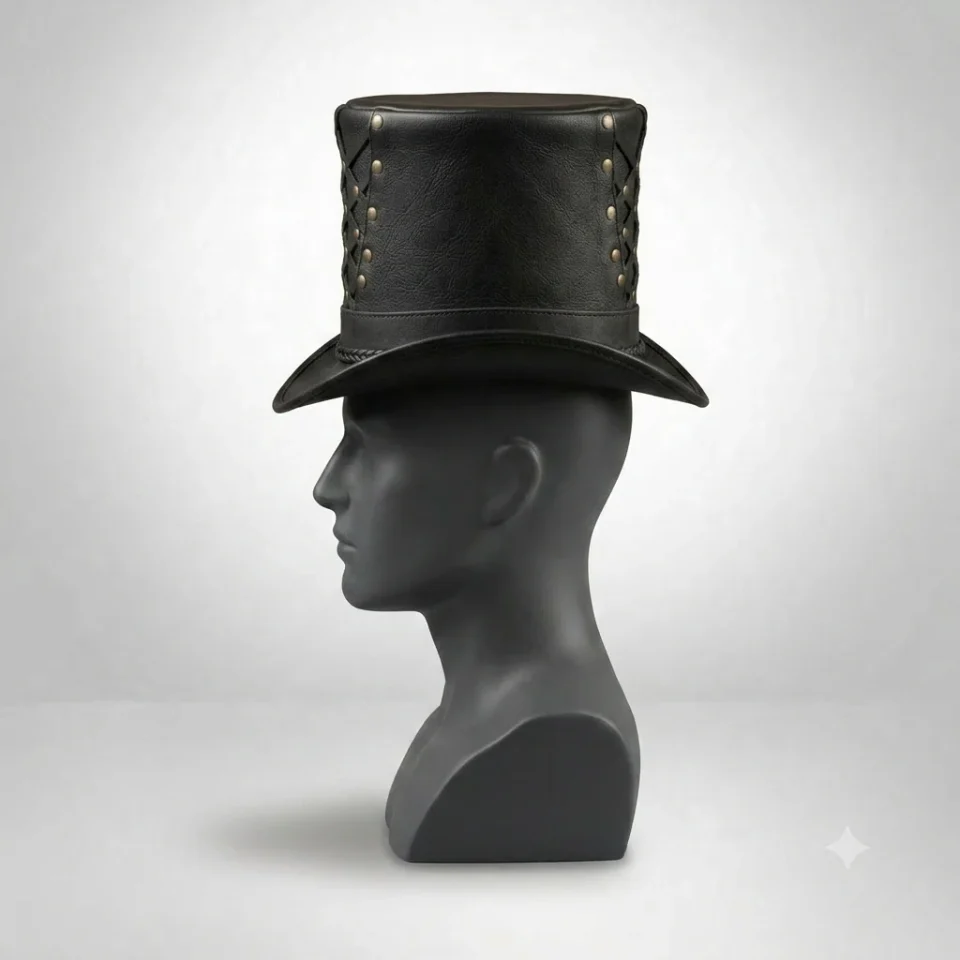 Light Neutral Handmade Leather Steampunk Top Hat Style 064 detail view - light neutral steampunk top hat with structured crown