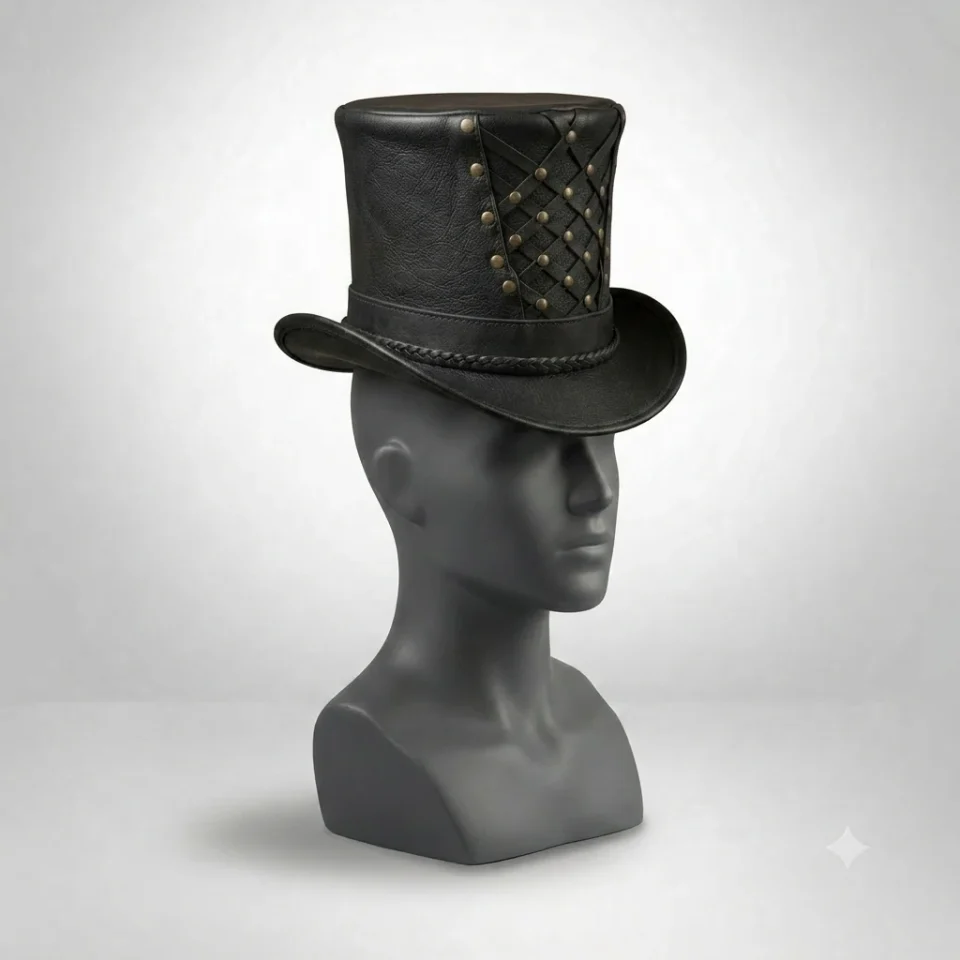 Light Neutral Handmade Leather Steampunk Top Hat Style 064 front view - light neutral steampunk top hat with structured crown