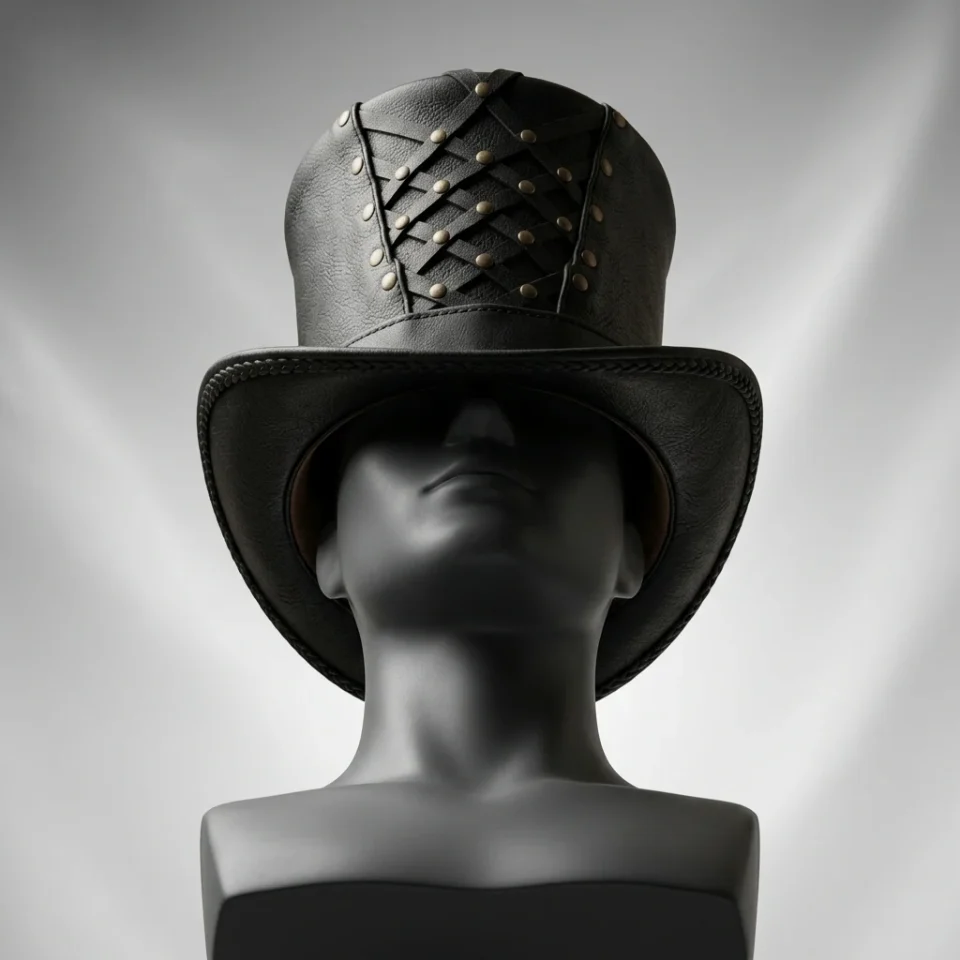 Light Neutral Handmade Leather Steampunk Top Hat Style 064 gallery view 05 - light neutral steampunk top hat with structured crown