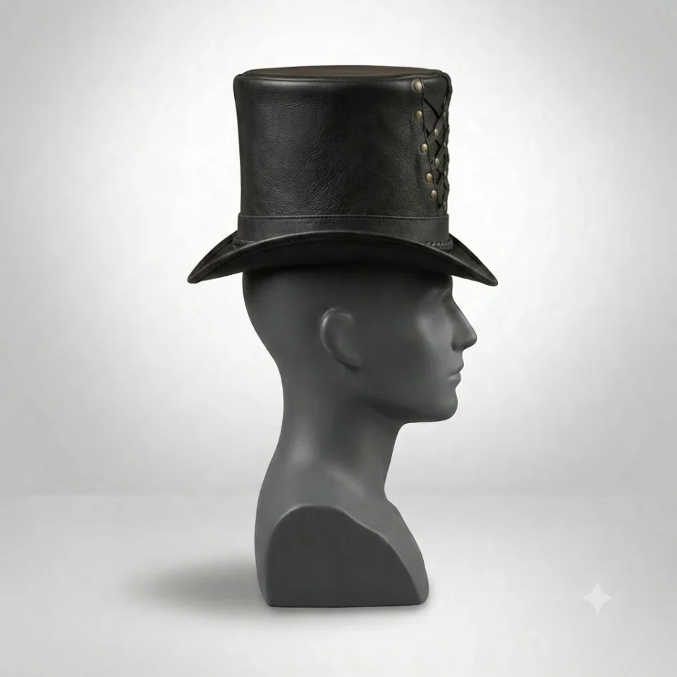 Light Neutral Handmade Leather Steampunk Top Hat Style 064 gallery view 06 - light neutral steampunk top hat with structured crown