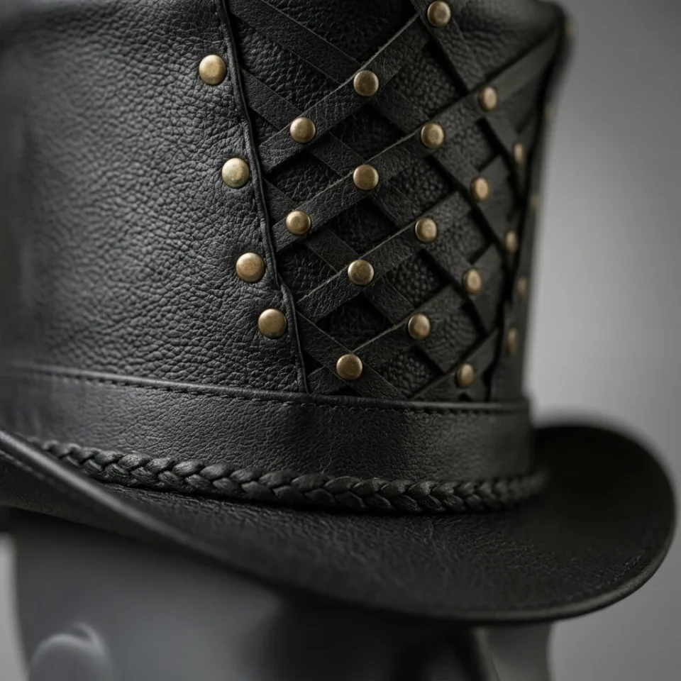 Light Neutral Handmade Leather Steampunk Top Hat Style 064 gallery view 07 - light neutral steampunk top hat with structured crown