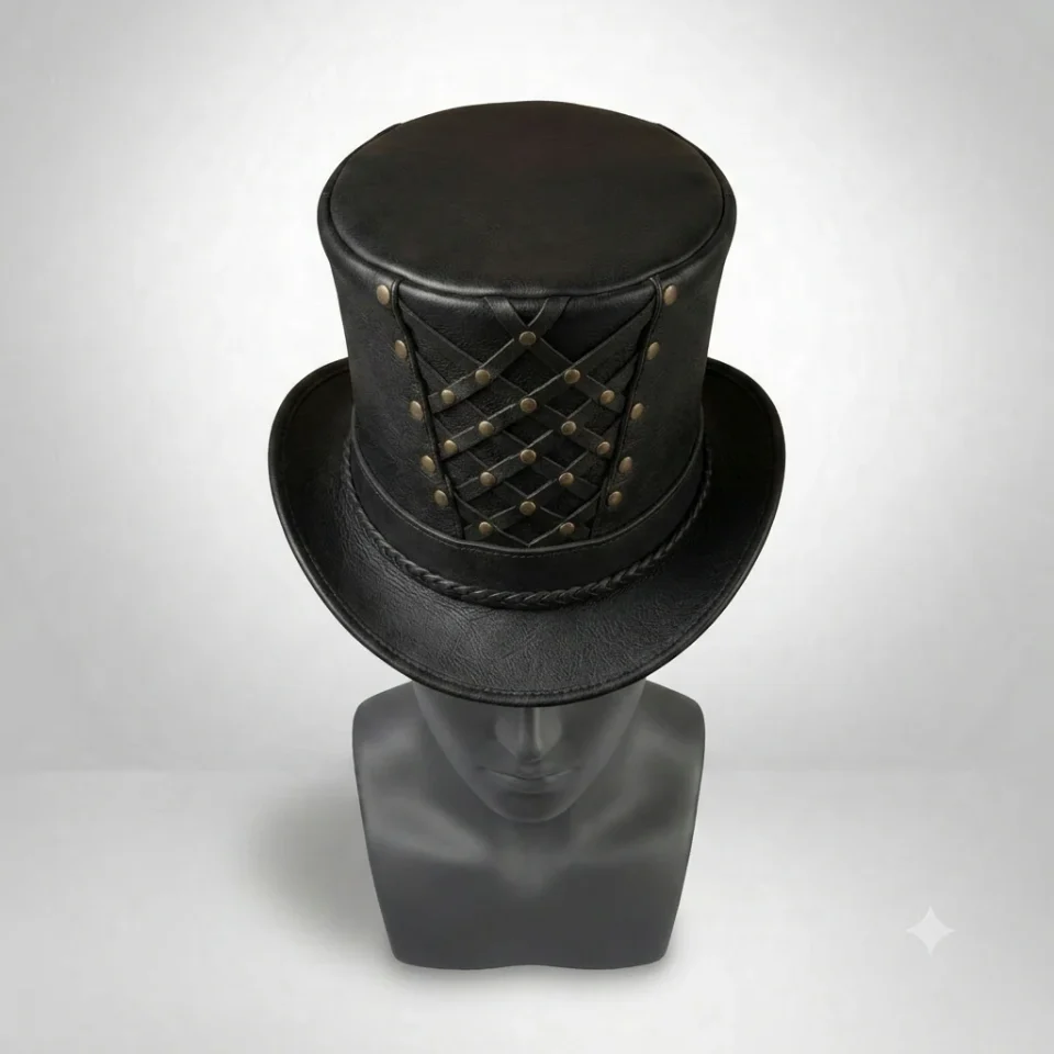 Light Neutral Handmade Leather Steampunk Top Hat Style 064 side view - light neutral steampunk top hat with structured crown