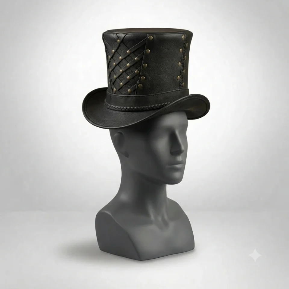 Light Neutral Handmade Leather Steampunk Top Hat Style 064 three quarter view - light neutral steampunk top hat with structured crown