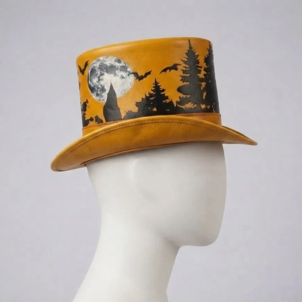 Light Neutral Handmade Leather Steampunk Top Hat Style 073 back view - light neutral steampunk top hat with structured crown