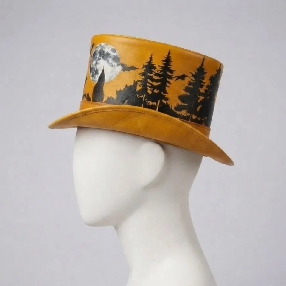 Light Neutral Handmade Leather Steampunk Top Hat Style 073 side view - light neutral steampunk top hat with structured crown