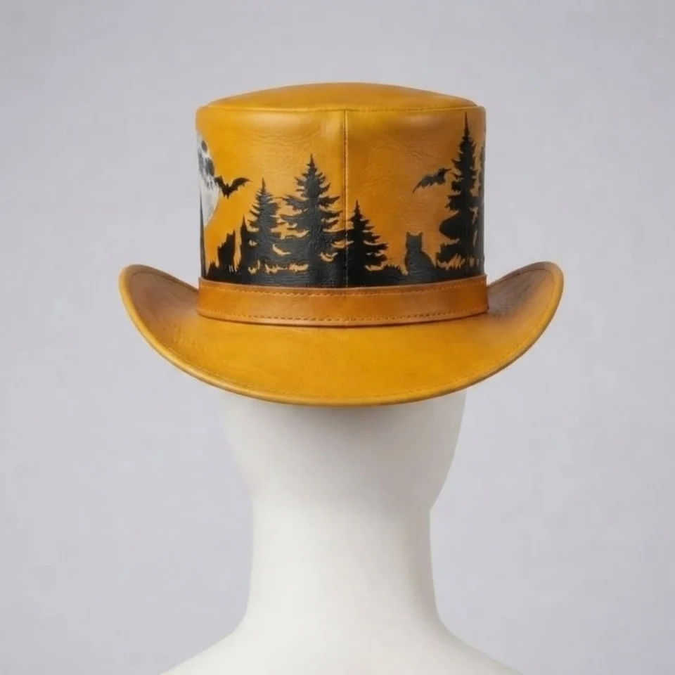 Light Neutral Handmade Leather Steampunk Top Hat Style 073 three quarter view - light neutral steampunk top hat with structured crown