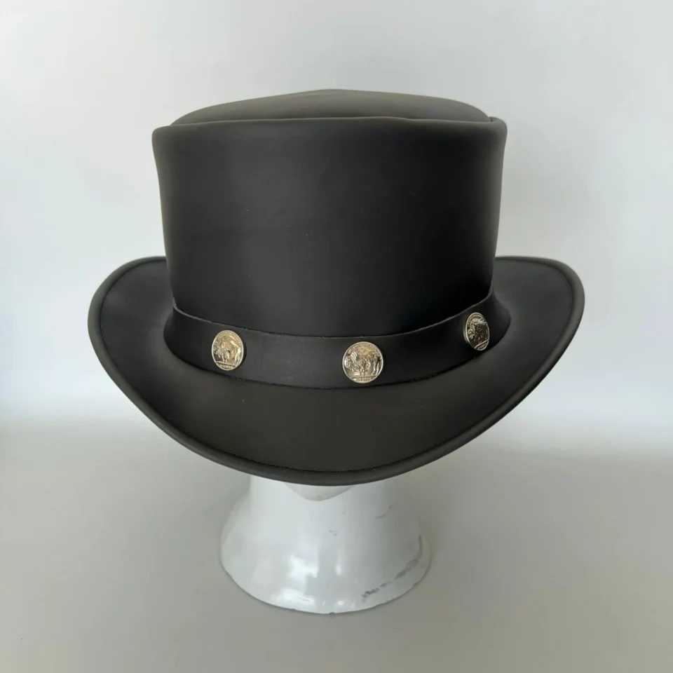 Light Neutral Handmade Leather Steampunk Top Hat Style 091 detail view - light neutral steampunk top hat with structured crown