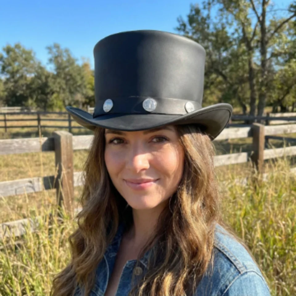 Light Neutral Handmade Leather Steampunk Top Hat Style 091 front view - light neutral steampunk top hat with structured crown