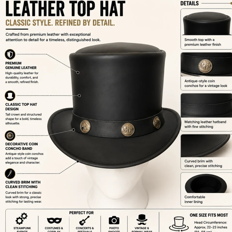 Light Neutral Handmade Leather Steampunk Top Hat Style 091 three quarter view - light neutral steampunk top hat with structured crown