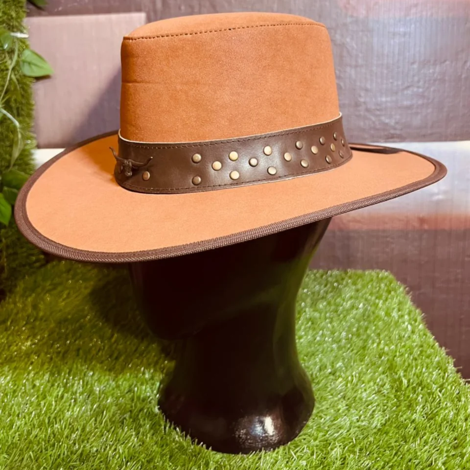 Light Neutral Handmade Leather Steampunk Top Hat Style 106 back view - light neutral steampunk top hat with structured crown