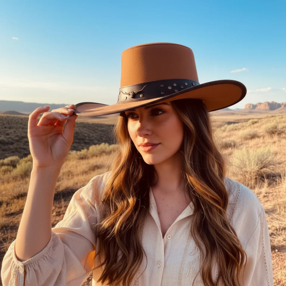 Light Neutral Handmade Leather Steampunk Top Hat Style 106 front view - light neutral steampunk top hat with structured crown