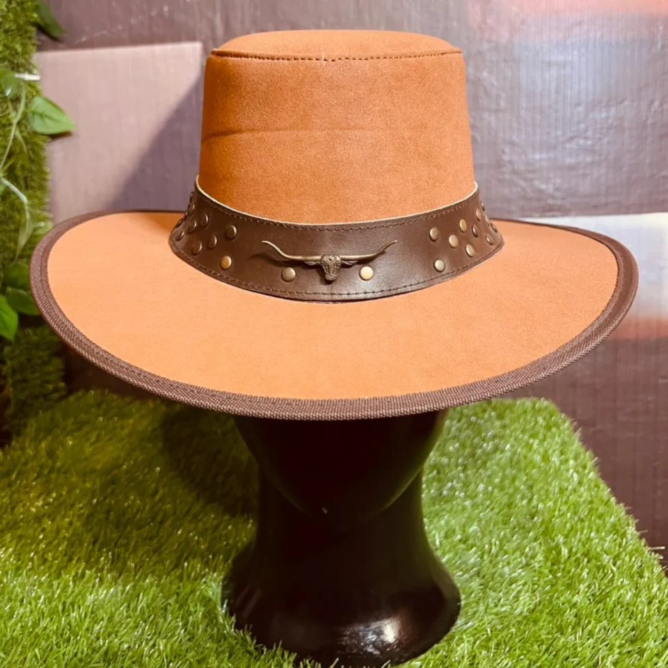 Light Neutral Handmade Leather Steampunk Top Hat Style 106 side view - light neutral steampunk top hat with structured crown
